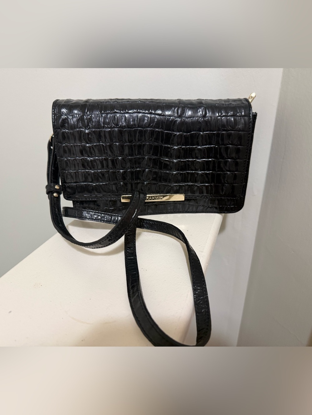 Brahmin Black Croc-Embossed Leather Crossbody with Gold Bar